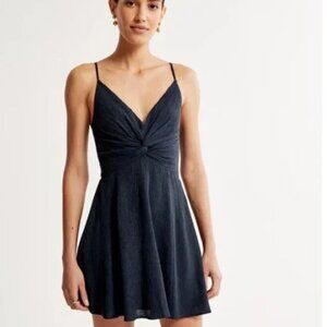 NWT Abercrombie & Fitch Crinkle Textured Twist-Front Mini Dress Navy Blue, XLP